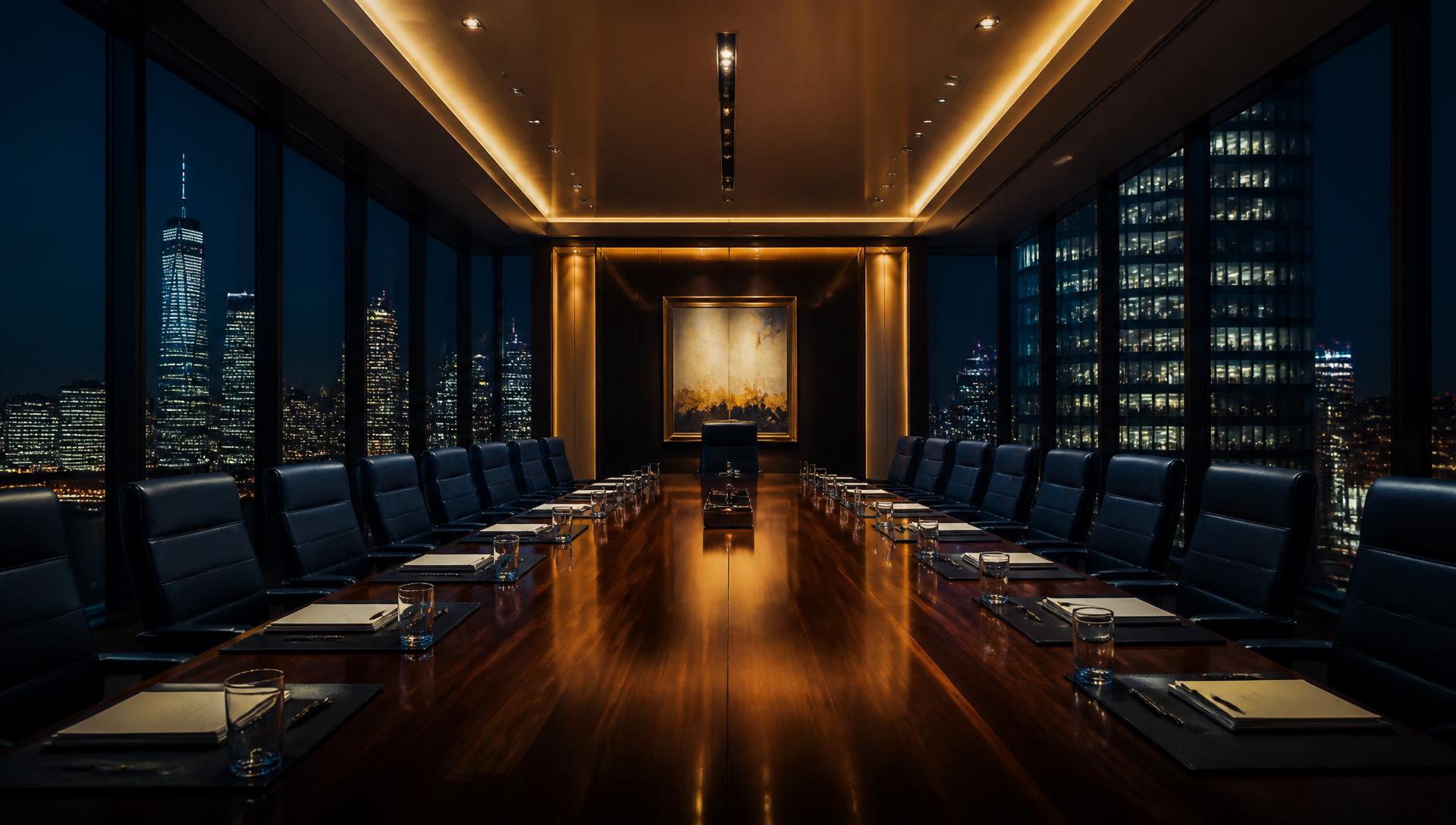 俯瞰纽约金融区夜景的高层会议室